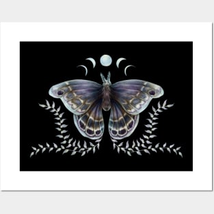 Peacock moth with leaves and the moon phases Posters and Art